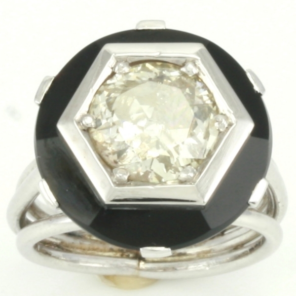 Estate platinum engagement ring with onyx and big old mine brilliant cut diamond